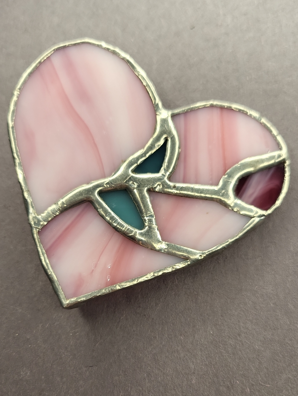 Pink Stained Glass Heart Brooch with Teal Accent